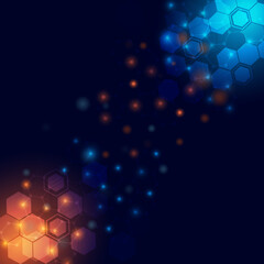 Molecular sciecnce and technology abstract concept. Chemical structure background.Illustrator hexagon with orange and blue light.