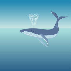 A blue whale lies on the surface of the ocean starts a fountain jet from the water vector illustration. World whale day. Liberty and save whale. World oceans day. For postcard, icon, banner, poster