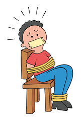 Cartoon man taken hostage, tied with rope and gagged, vector illustration