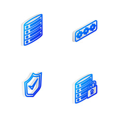 Set Isometric line Password protection, Server, Data, Web Hosting, Shield with check mark and security lock icon. Vector