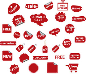 Set of sale tags. Ribbon sale banners in red color. Price and discount labels. Red promotional stickers.