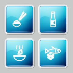 Set line Sushi, Sauce bottle, Soup with octopus and Fish caviar icon. Vector