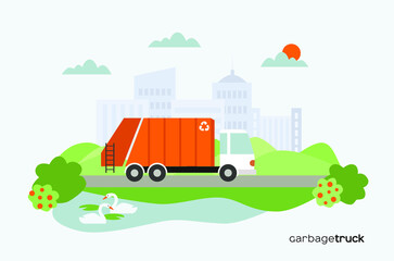 Fototapeta na wymiar vector garbage truck with a recycling sign on the background of the city and the park. illustration of a garbage truck on the road near the lake with swans. recycling and sorting of waste.
