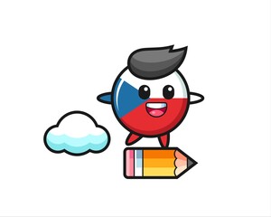 czech flag badge mascot illustration riding on a giant pencil