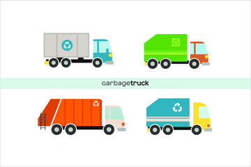 Set of different garbage trucks sorting waste. Trucks transporting waste set of lorries loaded container having recycling sign transport collection raster illustration isolated on white background