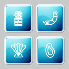 Set line Canned fish, Shrimp, Scallop sea shell and Mussel icon. Vector