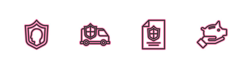 Set line Life insurance with shield, Contract, Car and Piggy bank icon. Vector