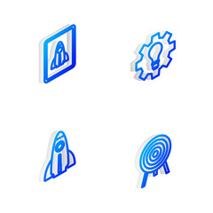 Set Isometric line Light bulb and gear, Startup project concept, and Target icon. Vector