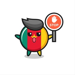 cameroon flag badge character illustration holding a stop sign