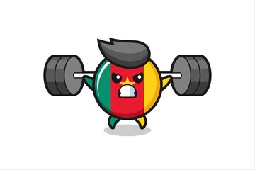 cameroon flag badge mascot cartoon with a barbell