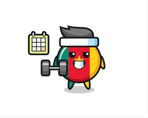 cameroon flag badge mascot cartoon doing fitness with dumbbell