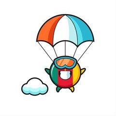 cameroon flag badge mascot cartoon is skydiving with happy gesture
