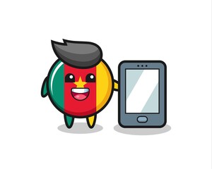 cameroon flag badge illustration cartoon holding a smartphone