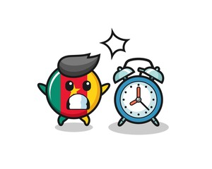 Cartoon Illustration of cameroon flag badge is surprised with a giant alarm clock