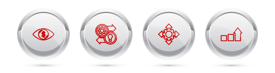 Set line Eye with dollar, Human resources, Project team base and Financial growth. Silver circle button. Vector