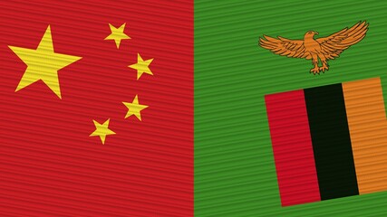 Zambia and China Flags Together Fabric Texture Illustration Background