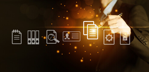 Businessman hand touch Document management data system ,document management concept .