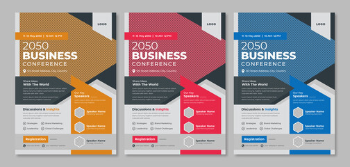 Business conference flyer template design. Annual corporate workshop, meetup, meeting and training event promotion poster. Online company marketing web banner, cover style with logo and icon          