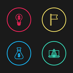 Set line Money bag, Startup project concept, Location marker and Light bulb with dollar icon. Vector