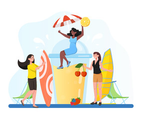 Group of female friends is having fun with coctails in the summer together. Friends having a summer party near glass of juice, fruit smoothie, drinking cold beverage. Flat cartoon vector illustration