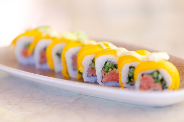Amazing sushi plate on the table.