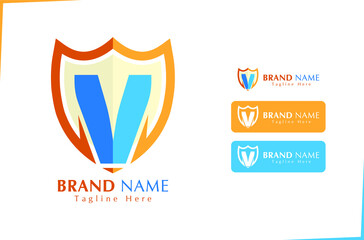 Alphabet Letter V logo with protection shield in blue and orange colour for security business