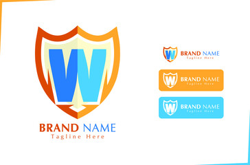 Alphabet Letter W logo with protection shield in blue and orange colour for security business