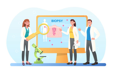 Male and female professional oncologists are diagnosing cancer. Concept of disease and treatment, biopsy. Oncology medical research. Doctors in white robes. Flat cartoon vector illustration