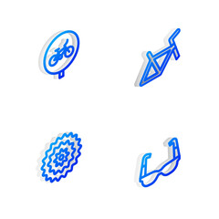 Set Isometric line Bicycle frame, , cassette and Sport cycling sunglasses icon. Vector