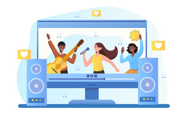 Music band is playing live show online on computer. Concept of online concert of famous musicians and singers internet broadcasting. Artists on a monitor screen. Flat cartoon vector illustration
