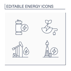 Energy line icons set. Oil, gas power. Modular mini reactor, biomass energy. Power stations. Electricity generation concept. Isolated vector illustration. Editable stroke