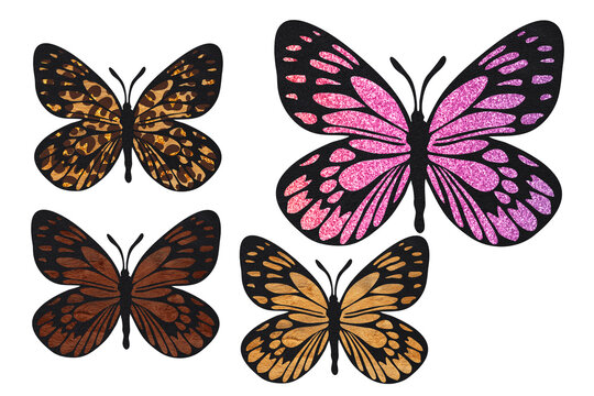 Butterflies outlines silhouette set with leather and fur texture. Hot summer clip art. Safari set on white background