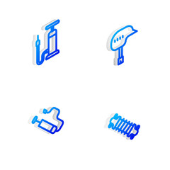 Set Isometric line Bicycle helmet, air pump, and suspension icon. Vector
