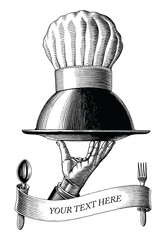 Hand holding food tray with chef hat drawing vintage engraving style black and white clip art isolated on white background - 444434716