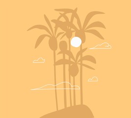 Hand drawn vector abstract stock graphic summer time cartoon,minimalistic illustrations scene,with beautiful tropical palm trees island silhouette with sunset isolated on yellow background