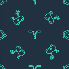 Set line Bicycle handlebar, Stationary bicycle and bell on seamless pattern. Vector