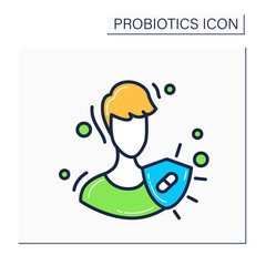 Immune system color icon.Probiotics for good immunity concept.Medical prevention human germ sign.Healthy man reflect bacteria and virus attack with shield. Isolated vector illustration