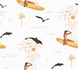 Hand drawn vector abstract stock graphic summer cartoon,minimalistic contemporary style illustrations seamless pattern with boho girl surfing and relaxing on the beach,isolated on white background. - 444434975