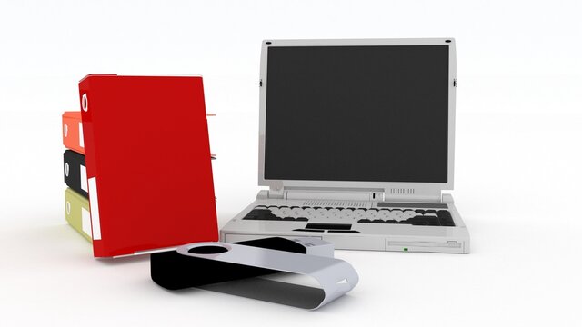3d illustration laptop with usb and file

