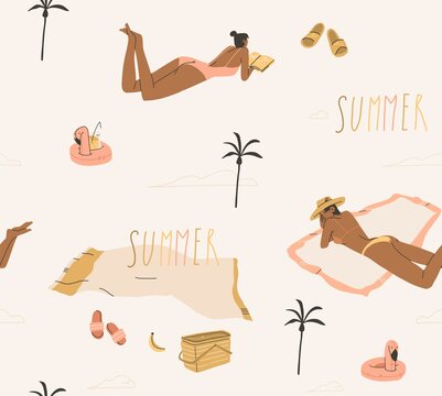 Hand drawn vector abstract stock graphic summer cartoon,minimalistic contemporary illustrations seamless pattern with boho girls having picnic on the beach on the beach,isolated on white background