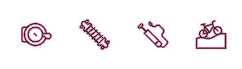 Set line Bicycle bell, air pump, suspension and Mountain bicycle icon. Vector