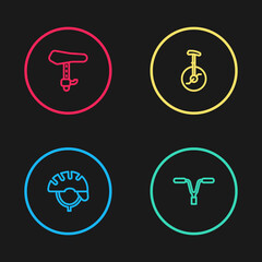 Set line Bicycle helmet, handlebar, Unicycle or one wheel bicycle and seat icon. Vector