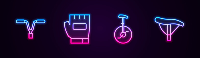 Set line Bicycle handlebar, Gloves, Unicycle or one wheel bicycle and seat. Glowing neon icon. Vector © vector_v