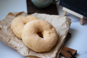 Sweet pieces of sugar donuts Copy space
