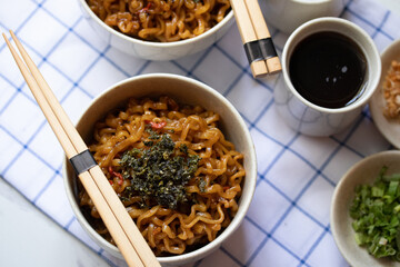 Korean hot and spicy instant noodle and seaweed