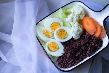 Riceberry Rice with Boiled Egg and Vegetables healthy food
