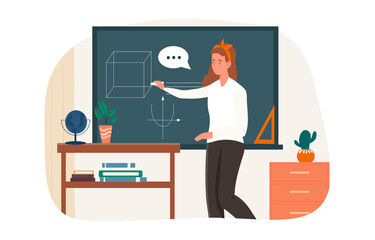 Young female teacher is drawing on blackboard for a class. Female school teacher with books and chalkboard. Concept of school, education, university. Flat cartoon vector illustration