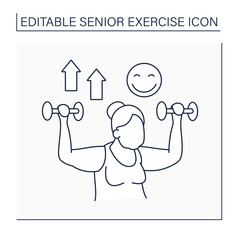 Physical activity line icon. Workout with dumbbells. Healthy lifestyle. Sport provides positive emotions. Senior exercise concept. Isolated vector illustration. Editable stroke