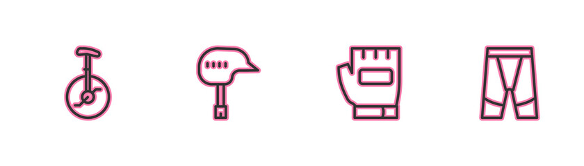 Set line Unicycle or one wheel bicycle, Gloves, Bicycle helmet and Cycling shorts icon. Vector © vector_v