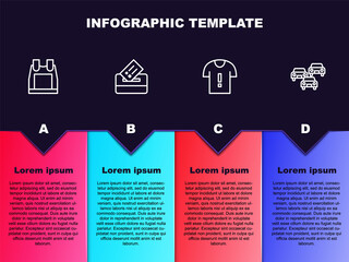 Set line Bulletproof vest, Vote box, T-shirt protest and Traffic jam. Business infographic template. Vector